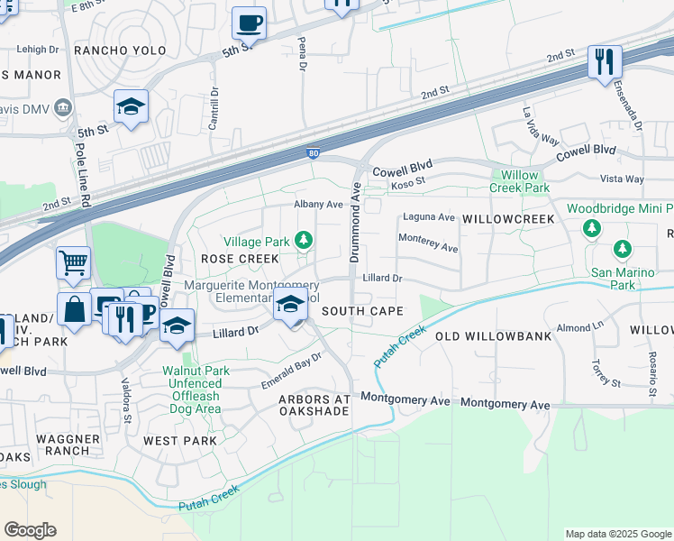 map of restaurants, bars, coffee shops, grocery stores, and more near 3018 Concord Place in Davis