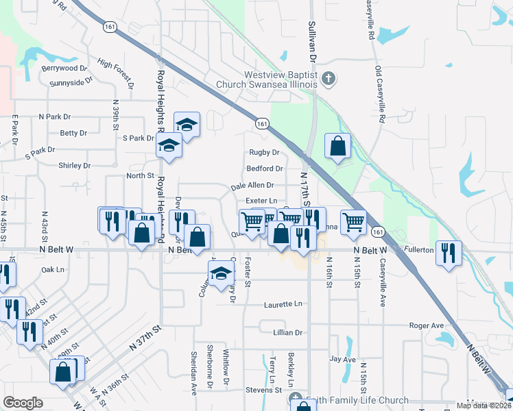 map of restaurants, bars, coffee shops, grocery stores, and more near 23 Exeter Lane in Belleville
