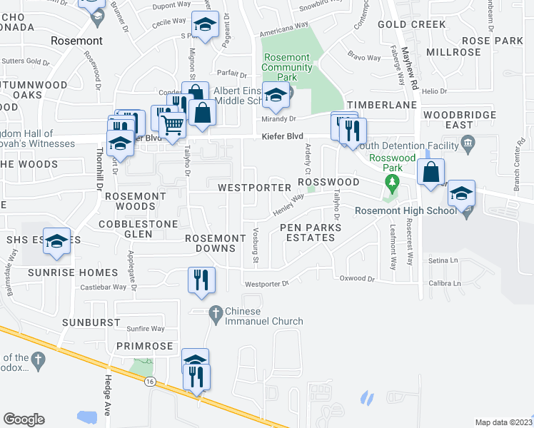 map of restaurants, bars, coffee shops, grocery stores, and more near 9225 Henley Way in Sacramento