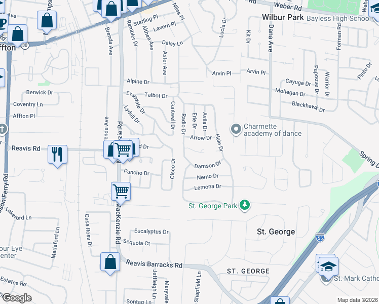 map of restaurants, bars, coffee shops, grocery stores, and more near 9309 Cloverhurst Drive in Affton