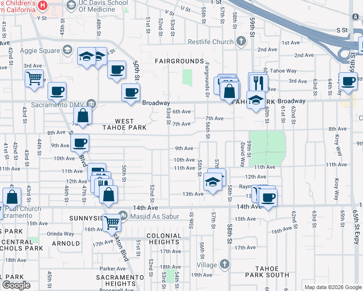 map of restaurants, bars, coffee shops, grocery stores, and more near 5357 9th Avenue in Sacramento