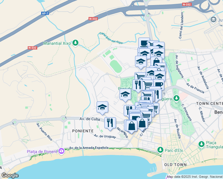 map of restaurants, bars, coffee shops, grocery stores, and more near 31A Calle Las Flores in Benidorm