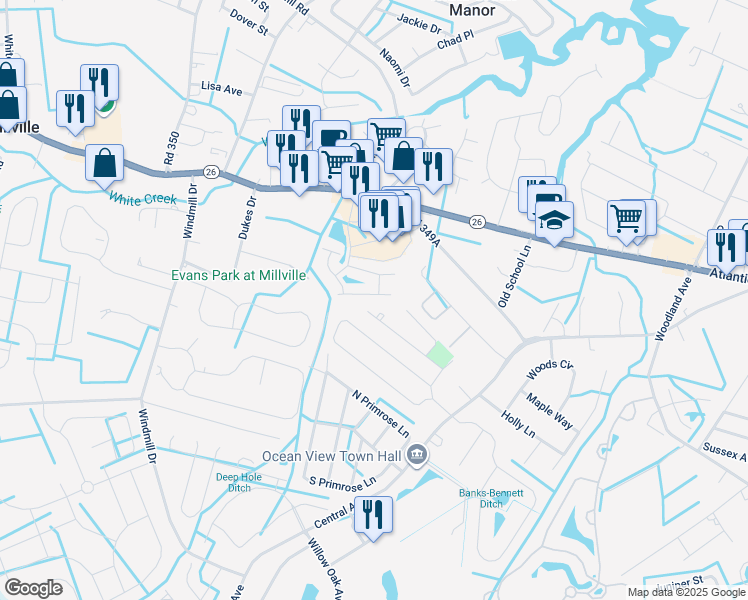 map of restaurants, bars, coffee shops, grocery stores, and more near 18 Beach Plum Drive in Millville