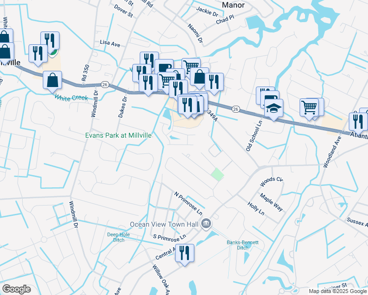 map of restaurants, bars, coffee shops, grocery stores, and more near 18 Beach Plum Drive in Millville