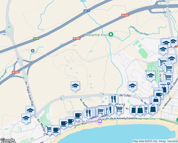 map of restaurants, bars, coffee shops, grocery stores, and more near 12 Calle Presidente Adolfo Suárez in Benidorm