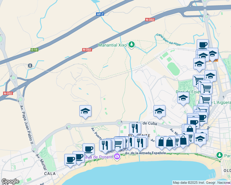 map of restaurants, bars, coffee shops, grocery stores, and more near 12 Calle Presidente Adolfo Suárez in Benidorm