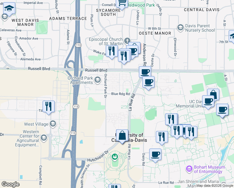 map of restaurants, bars, coffee shops, grocery stores, and more near 760 Orchard Road in Davis