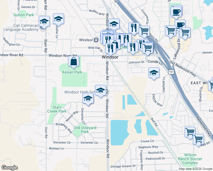 map of restaurants, bars, coffee shops, grocery stores, and more near 8721 Windsor Road in Windsor