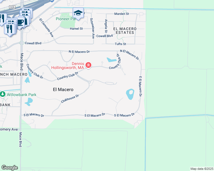 map of restaurants, bars, coffee shops, grocery stores, and more near 44691 Garden Court in El Macero