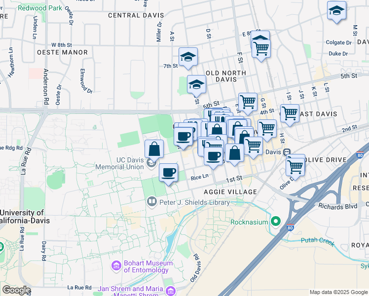 map of restaurants, bars, coffee shops, grocery stores, and more near 231 3rd Street in Davis