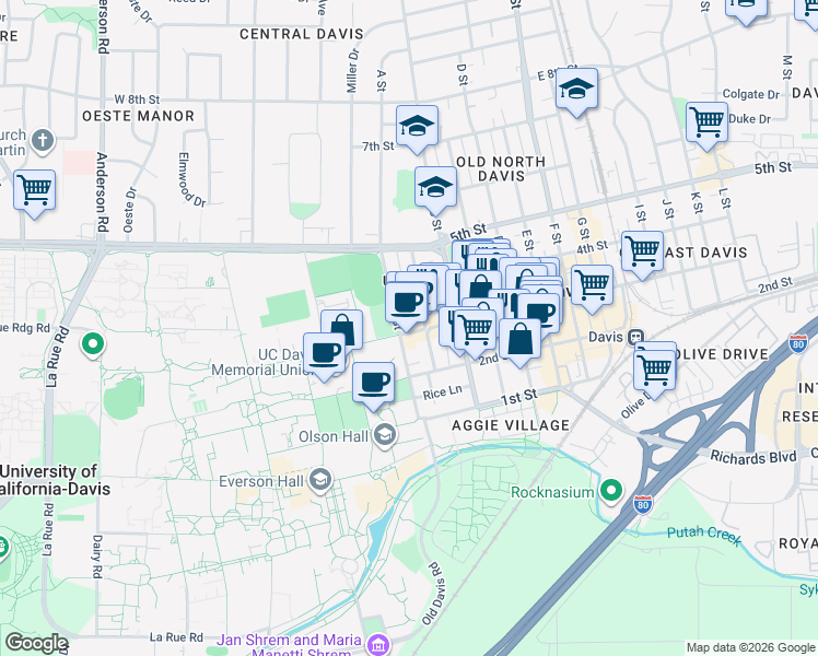 map of restaurants, bars, coffee shops, grocery stores, and more near 231 3rd Street in Davis