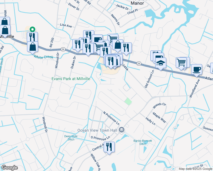 map of restaurants, bars, coffee shops, grocery stores, and more near 13 Beach Plum Drive in Millville