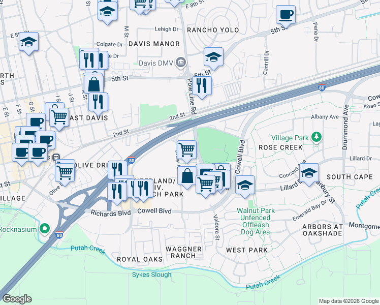 map of restaurants, bars, coffee shops, grocery stores, and more near 1450 Drew Avenue in Davis