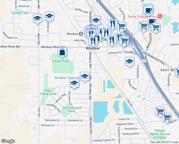 map of restaurants, bars, coffee shops, grocery stores, and more near 8709 Windsor Road in Windsor