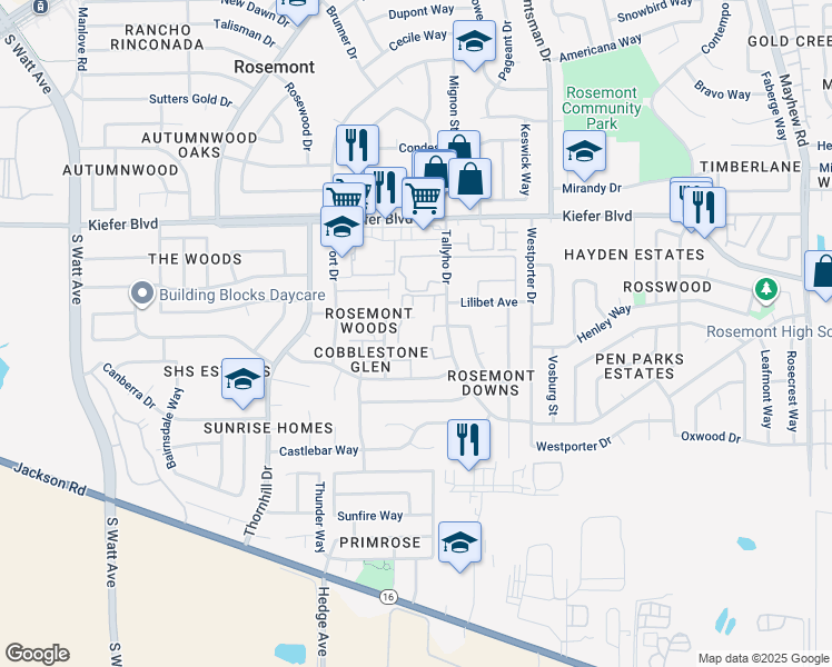 map of restaurants, bars, coffee shops, grocery stores, and more near 9182 Dongston Way in Sacramento