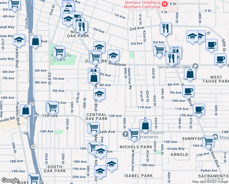 map of restaurants, bars, coffee shops, grocery stores, and more near 3336 San Carlos Way in Sacramento
