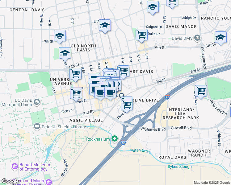 map of restaurants, bars, coffee shops, grocery stores, and more near 200 G Street in Davis