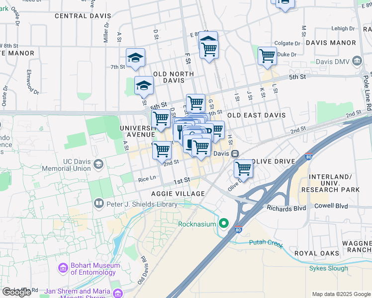 map of restaurants, bars, coffee shops, grocery stores, and more near 227 E Street in Davis