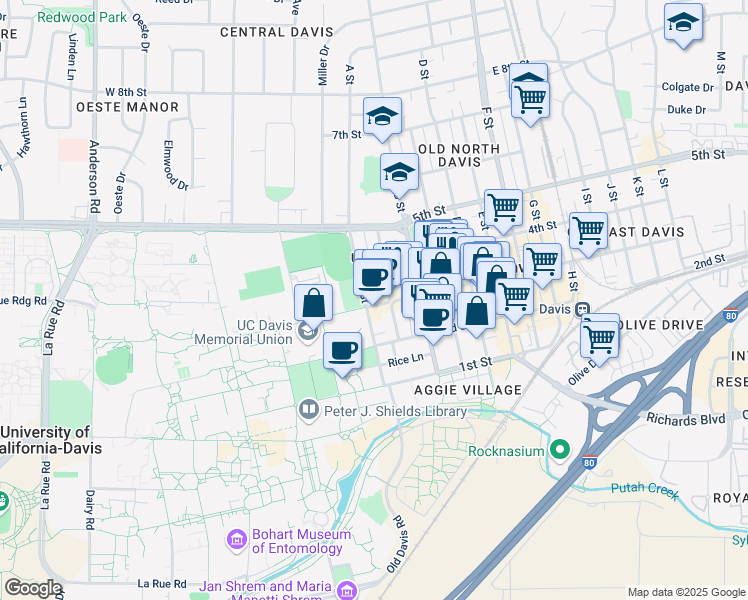 map of restaurants, bars, coffee shops, grocery stores, and more near 231 3rd Street in Davis