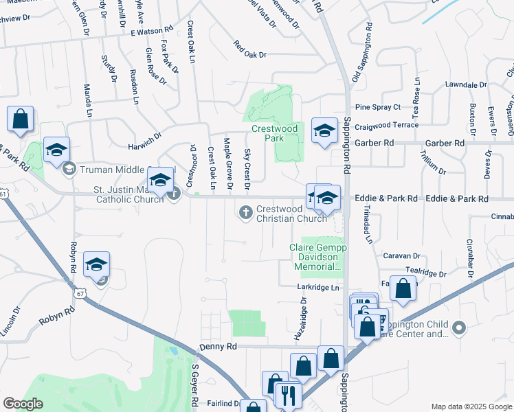 map of restaurants, bars, coffee shops, grocery stores, and more near 11732 Eddie And Park Road in St. Louis