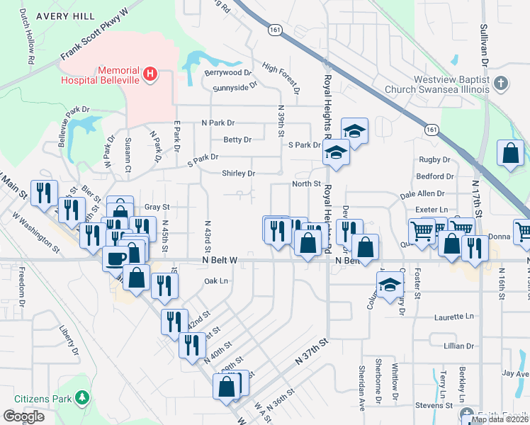 map of restaurants, bars, coffee shops, grocery stores, and more near 539 North 40th Street in Belleville