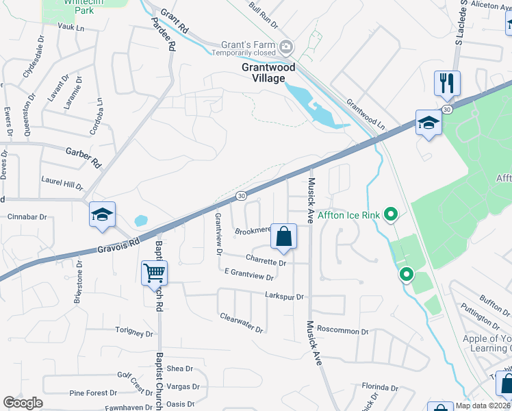 map of restaurants, bars, coffee shops, grocery stores, and more near 9744 Brittleigh Terrace in St. Louis