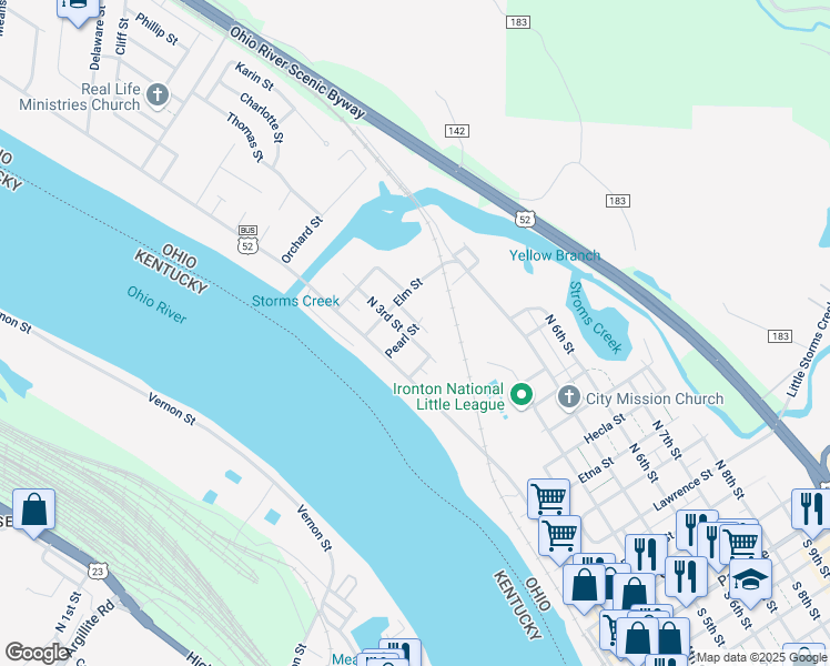 map of restaurants, bars, coffee shops, grocery stores, and more near 1023 North 3rd Street in Ironton