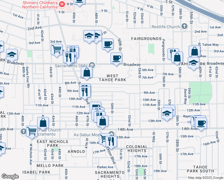 map of restaurants, bars, coffee shops, grocery stores, and more near 5017 9th Avenue in Sacramento