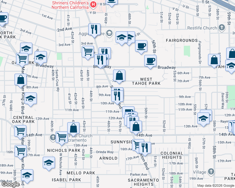 map of restaurants, bars, coffee shops, grocery stores, and more near in Sacramento