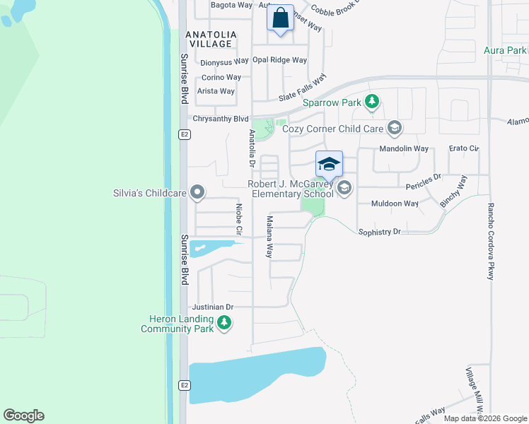 map of restaurants, bars, coffee shops, grocery stores, and more near 4386 Malana Way in Rancho Cordova