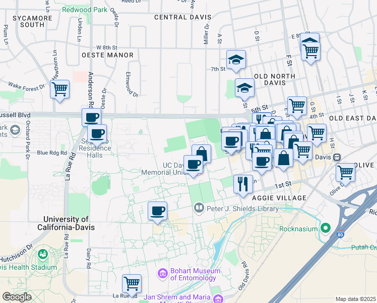 map of restaurants, bars, coffee shops, grocery stores, and more near 307 Tennis Court Lane in Davis
