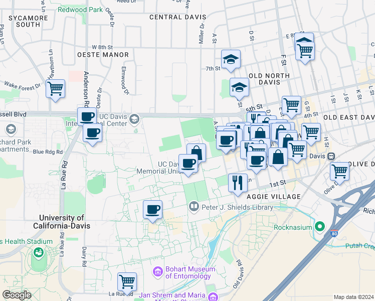 map of restaurants, bars, coffee shops, grocery stores, and more near Howard Way in Davis