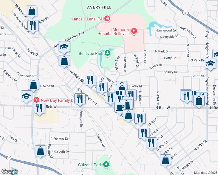 map of restaurants, bars, coffee shops, grocery stores, and more near 101 North 48th Street in Belleville