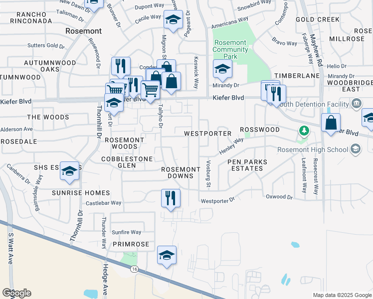 map of restaurants, bars, coffee shops, grocery stores, and more near 3916 Ashgrove Way in Sacramento