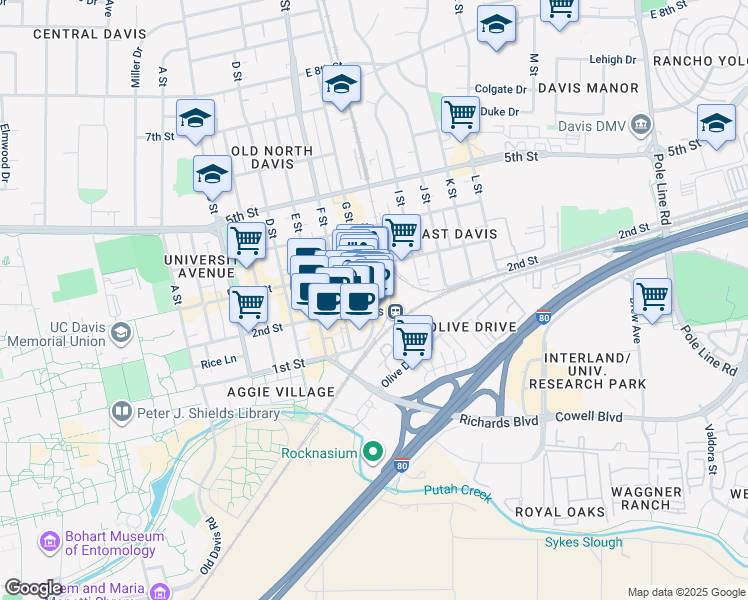 map of restaurants, bars, coffee shops, grocery stores, and more near 200 G Street in Davis