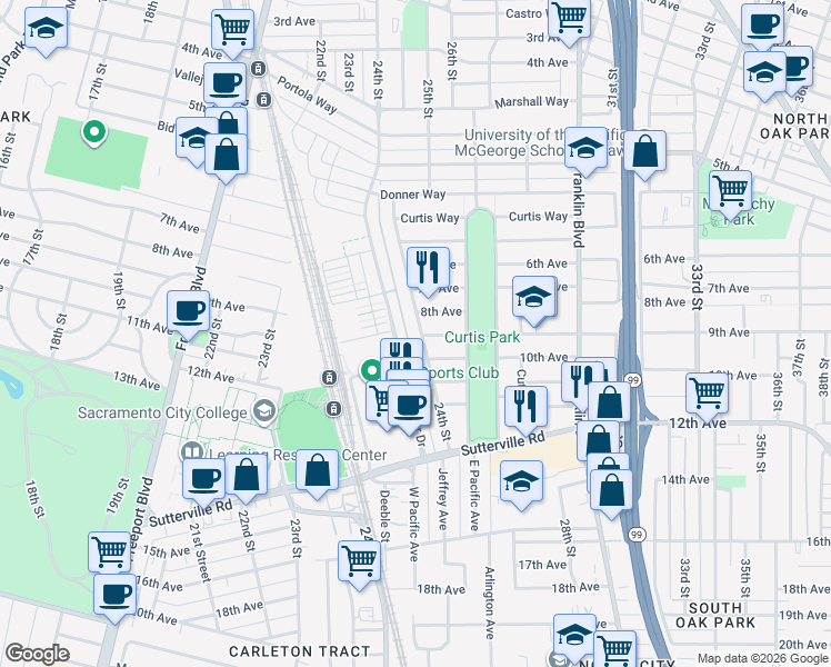 map of restaurants, bars, coffee shops, grocery stores, and more near 3340 24th Street in Sacramento