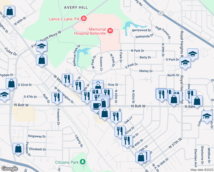 map of restaurants, bars, coffee shops, grocery stores, and more near 230 North 46th Street in Belleville