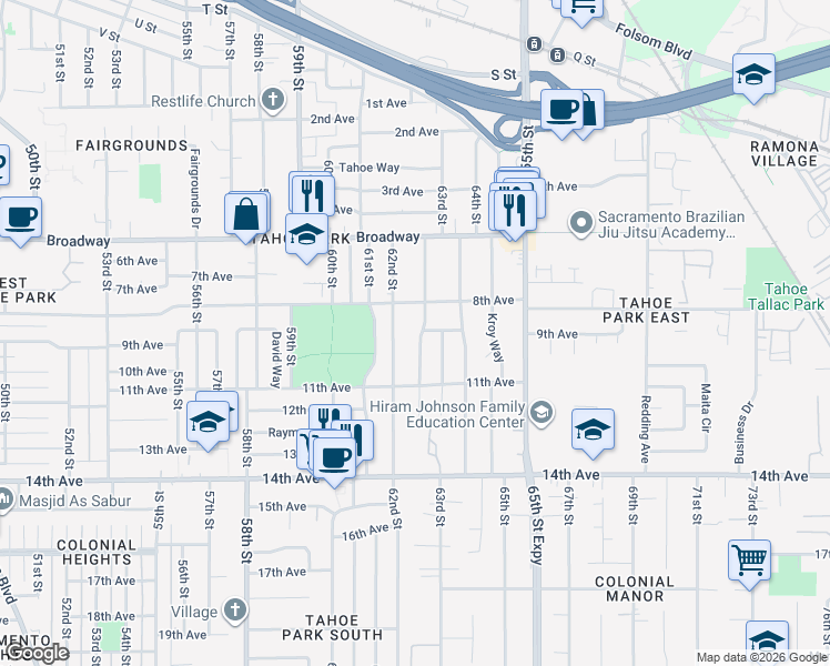 map of restaurants, bars, coffee shops, grocery stores, and more near 3357 62nd Street in Sacramento