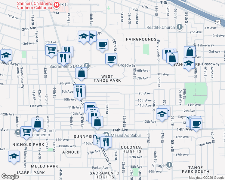 map of restaurants, bars, coffee shops, grocery stores, and more near 5017 9th Avenue in Sacramento