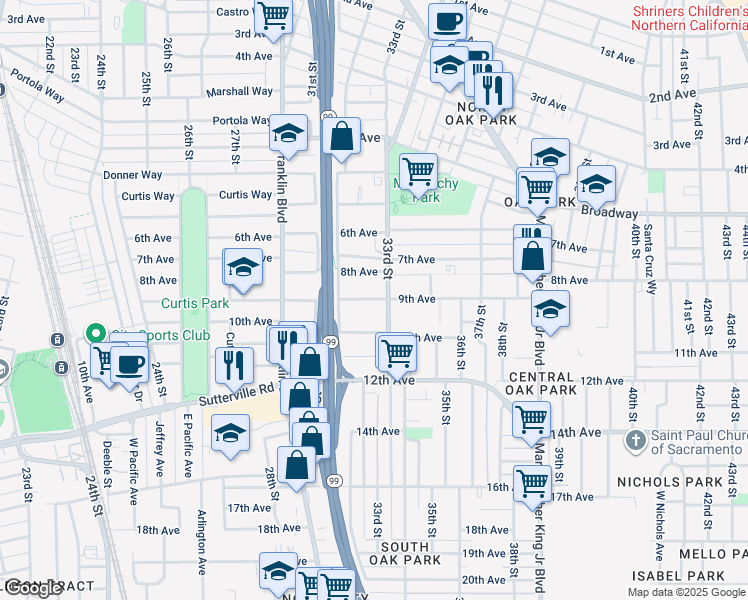 map of restaurants, bars, coffee shops, grocery stores, and more near 3356 33rd Street in Sacramento