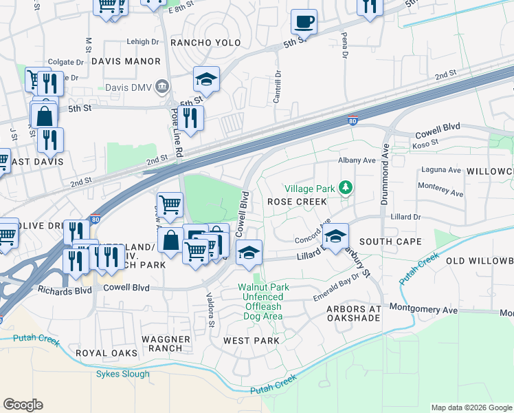 map of restaurants, bars, coffee shops, grocery stores, and more near 1106 Cowell Boulevard in Davis