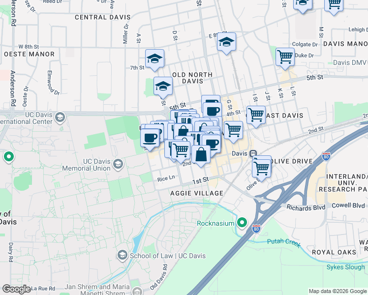 map of restaurants, bars, coffee shops, grocery stores, and more near 327 3rd Street in Davis