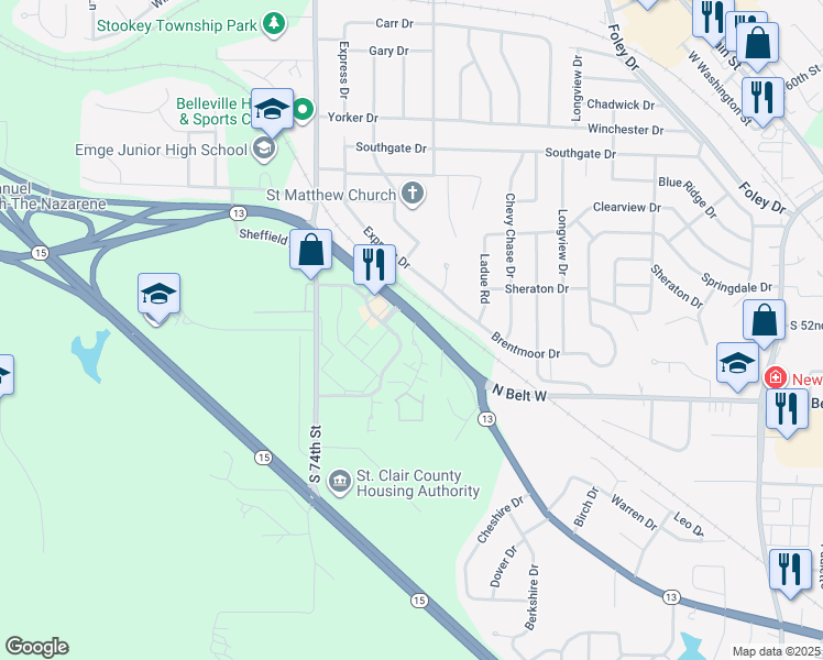 map of restaurants, bars, coffee shops, grocery stores, and more near in Belleville