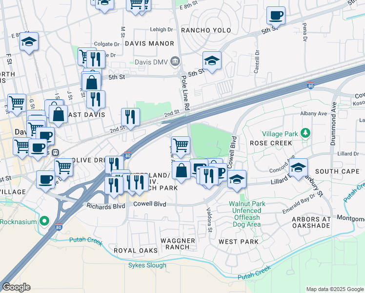 map of restaurants, bars, coffee shops, grocery stores, and more near 1450 Drew Avenue in Davis