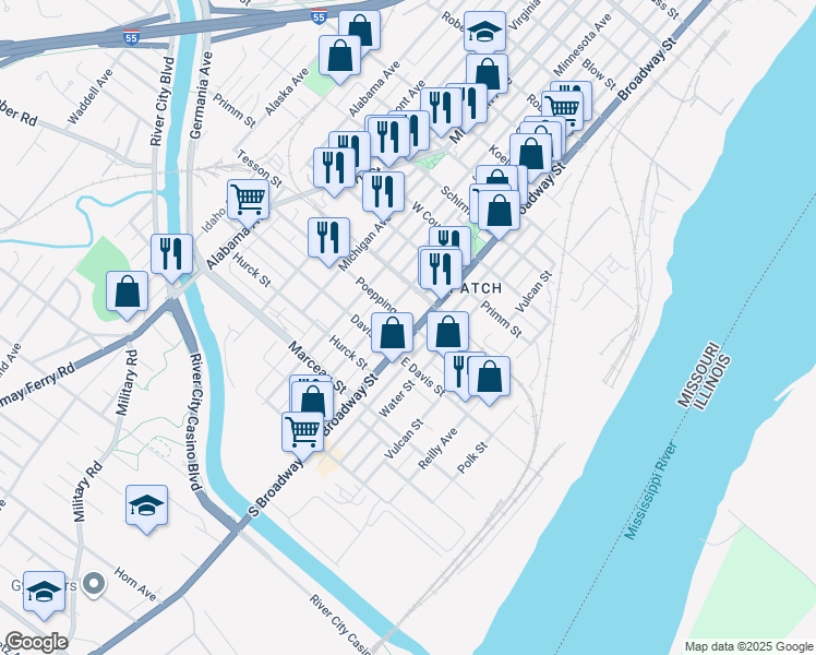 map of restaurants, bars, coffee shops, grocery stores, and more near 8101 South Broadway in St. Louis