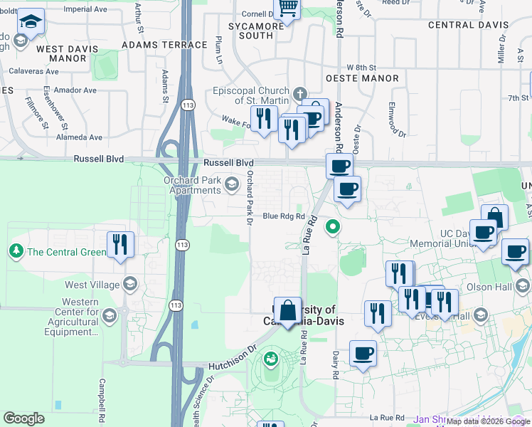 map of restaurants, bars, coffee shops, grocery stores, and more near 400 Russell Park in Davis
