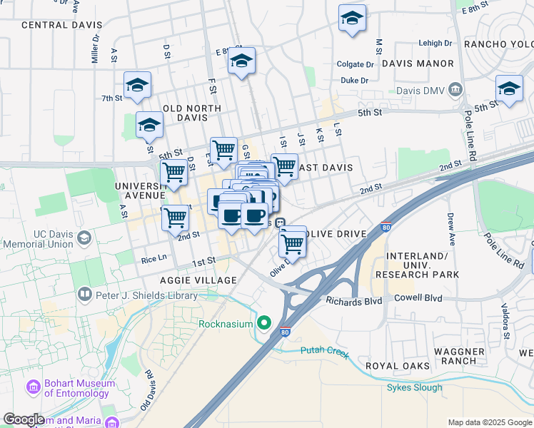 map of restaurants, bars, coffee shops, grocery stores, and more near 200 G Street in Davis