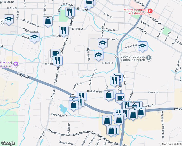 map of restaurants, bars, coffee shops, grocery stores, and more near 28 Buckingham Drive in Washington