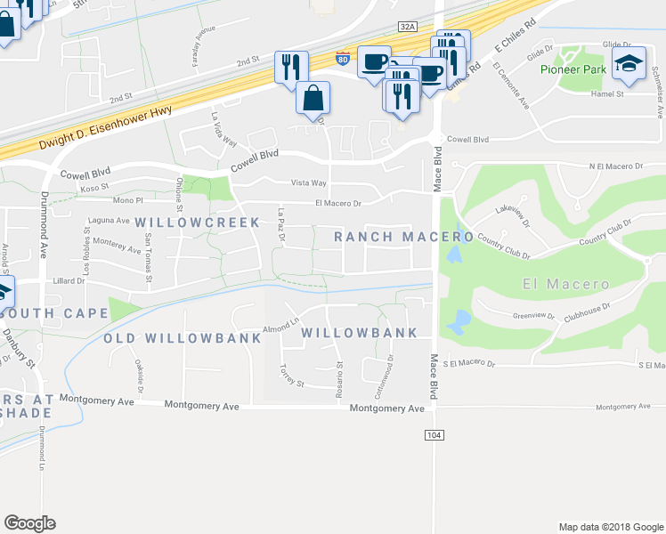 map of restaurants, bars, coffee shops, grocery stores, and more near 925 Eucalyptus Street in Davis