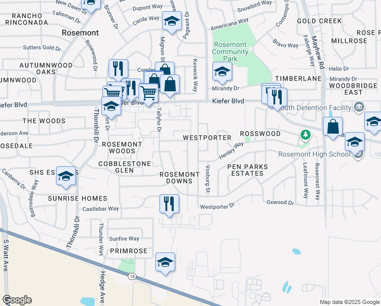 map of restaurants, bars, coffee shops, grocery stores, and more near 3916 Ashgrove Way in Sacramento
